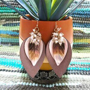 Artisan Earrings Metallic Faux Leather Mother of Pearl Crystal Beaded